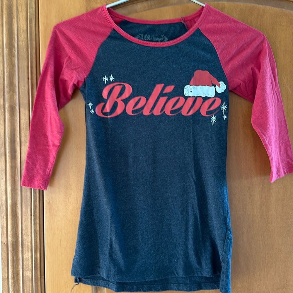 LOL Vintage Santa Believe Raglan T-shirt Red Charcoal Gray Womens XS